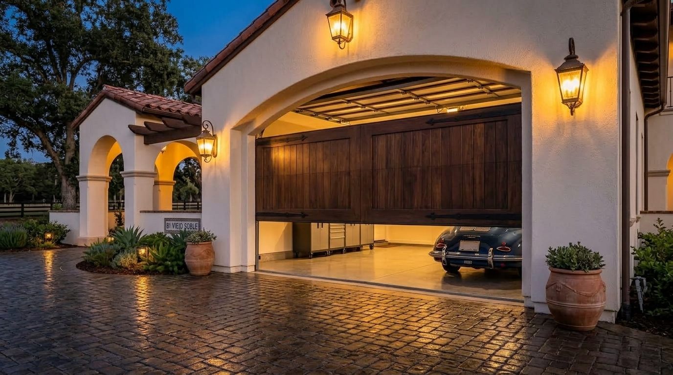 Pedersen Garage Door Garage Door Gliding Open Revealing Warm Illuminated Interior